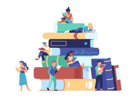 Cartoon image of various people sitting and standing on and around a stack of books, each reading a book