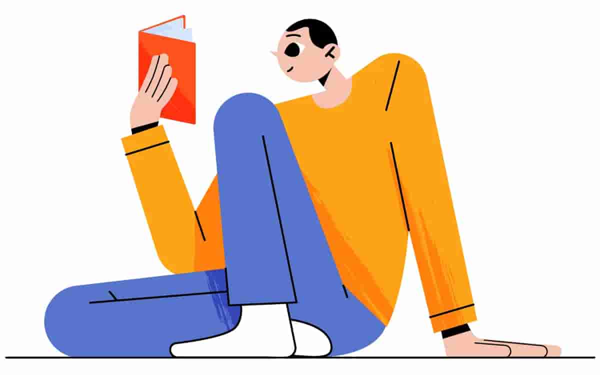 Cartoon image of man sitting on floor and reading a book